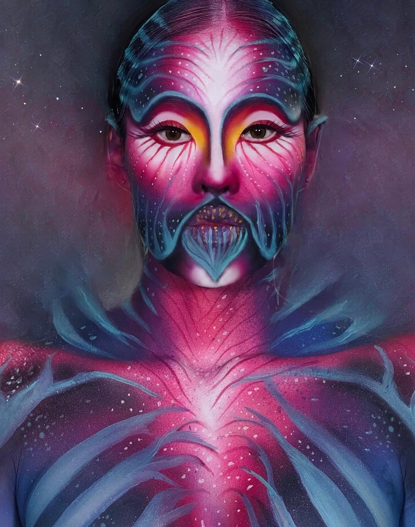 Pink and blue fantasy body paint portrait